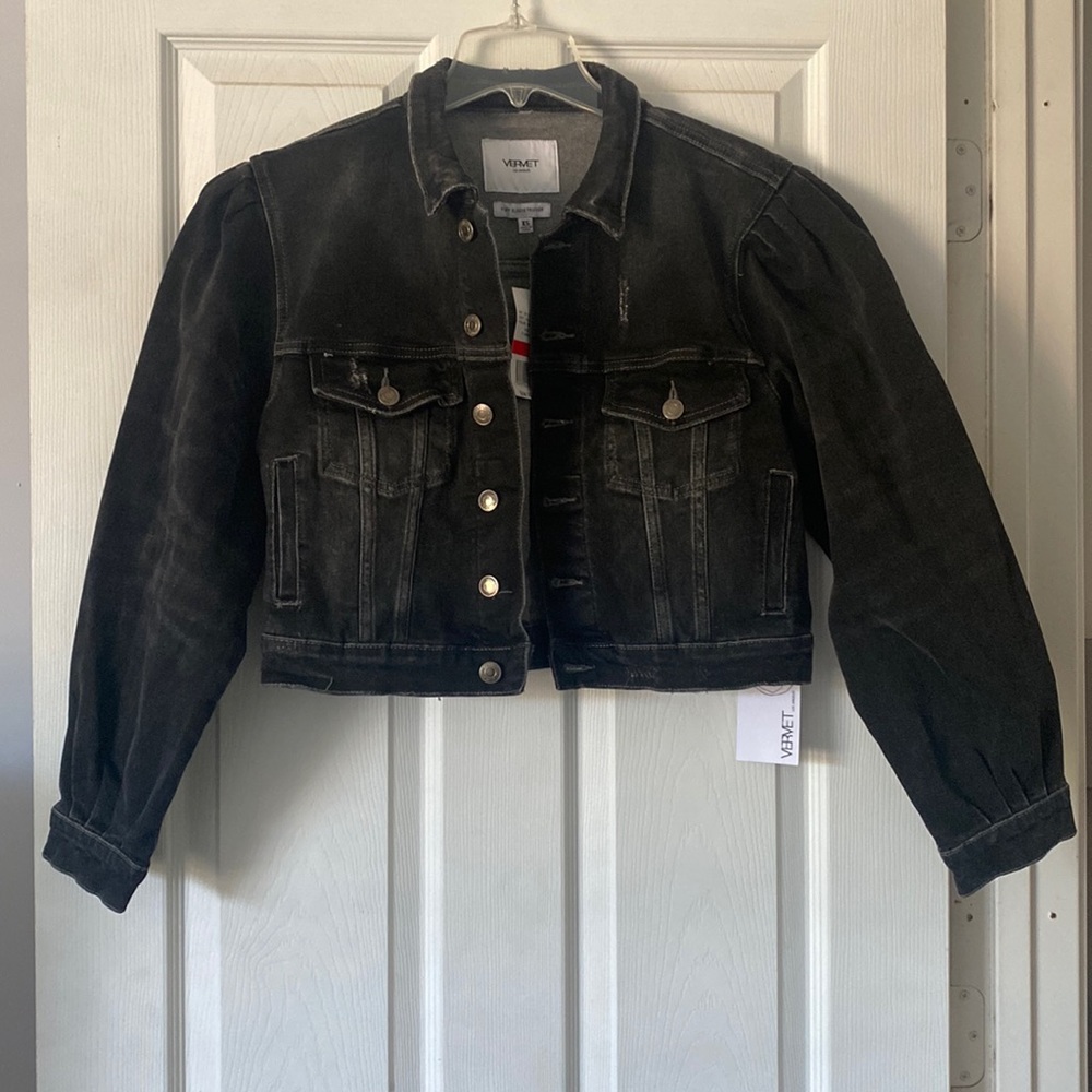 Dark gray distressed jean jacket, XS